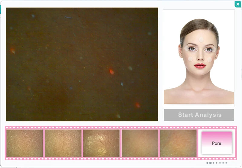 Skincare analysis software interface with skin texture sample and model on a white background