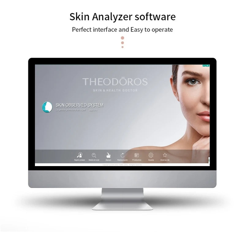 Computer monitor displaying Theodóros skin analysis software with a woman's face on the screen.