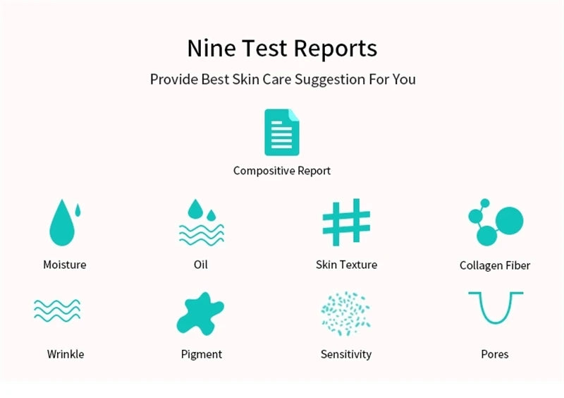 Nine test reports for skin care with icons and labels on a white background
