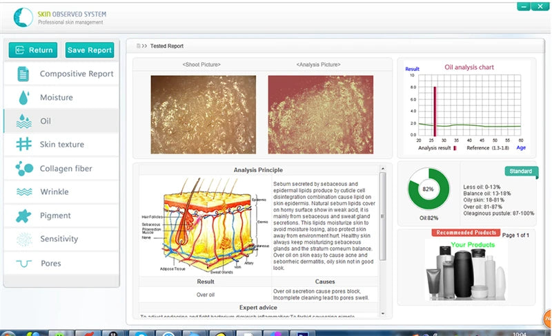 Computer screen displaying a skincare analysis software with images and text on skin texture and analysis.