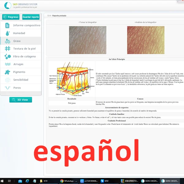 Webpage with text in Spanish on a skin texture analysis tool