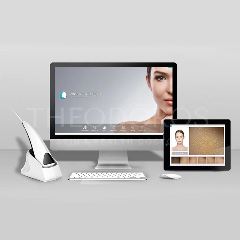 Computer monitor, tablet, and other devices on a gray surface with a focus on digital display.