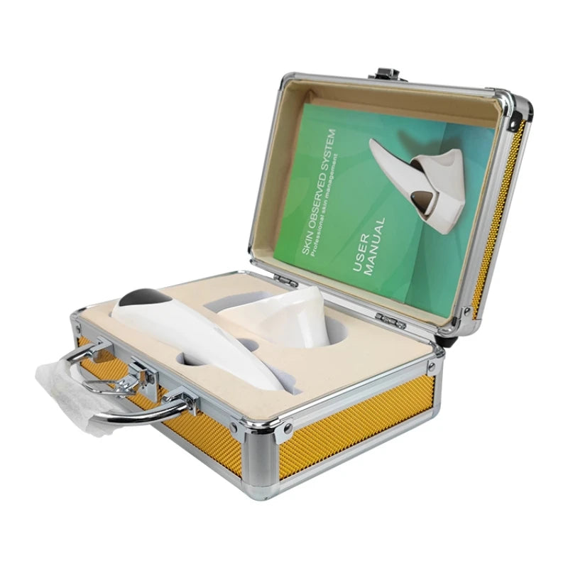 White electronic device in a yellow and silver case with a user manual on a white background