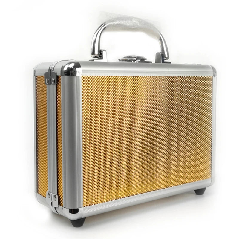 Gold textured briefcase with silver trim on a white background