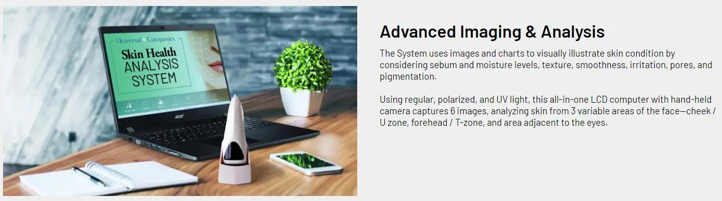 Laptop displaying 'Skin Health Analysis System' on a desk with a plant and notebook.