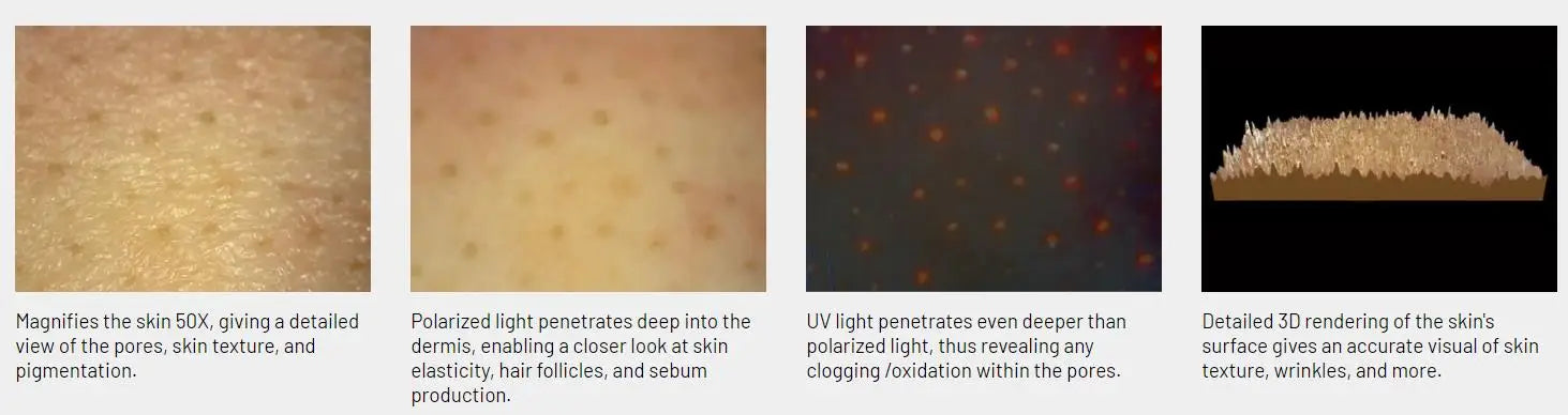 Set of images showing different skin texture magnifications with text describing light penetration and rendering.