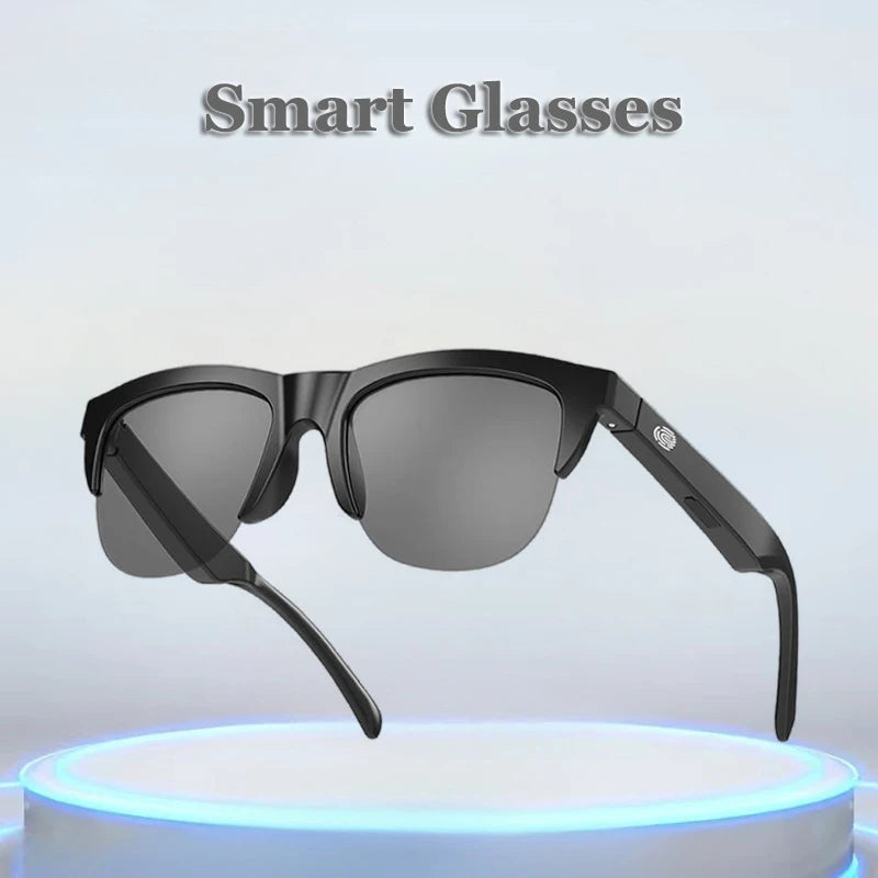 Smart glasses with a black frame and dark lenses on a light gray background.