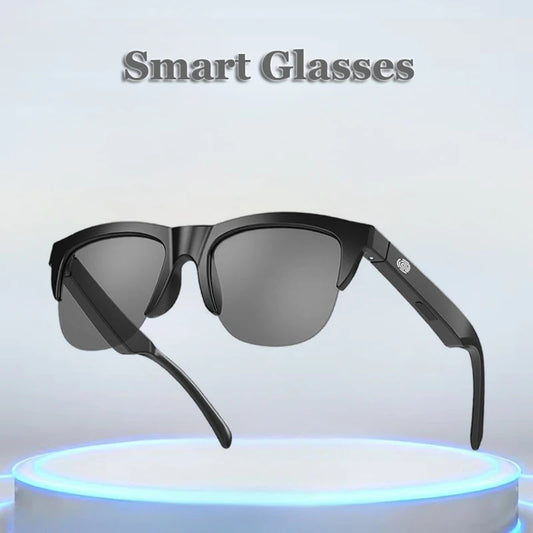 Smart glasses with a black frame and dark lenses on a light gray background.