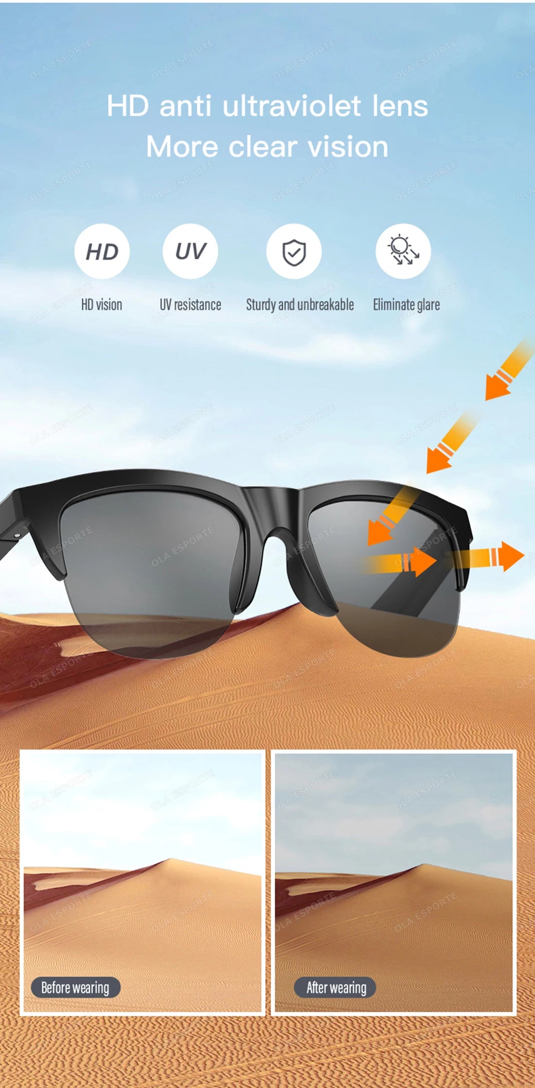 Sunglasses with UV protection feature on a desert background