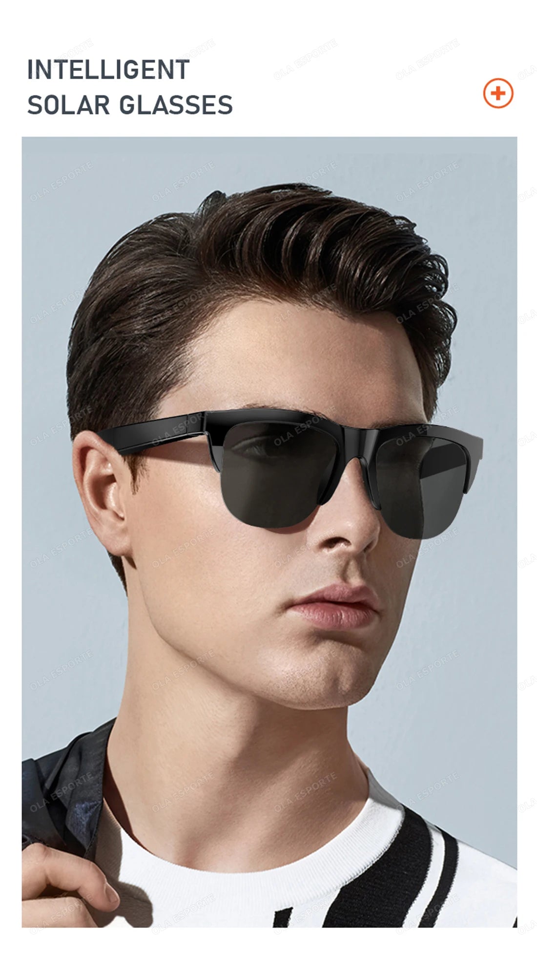Person wearing black sunglasses with 'Intelligent Solar Glasses' text above.