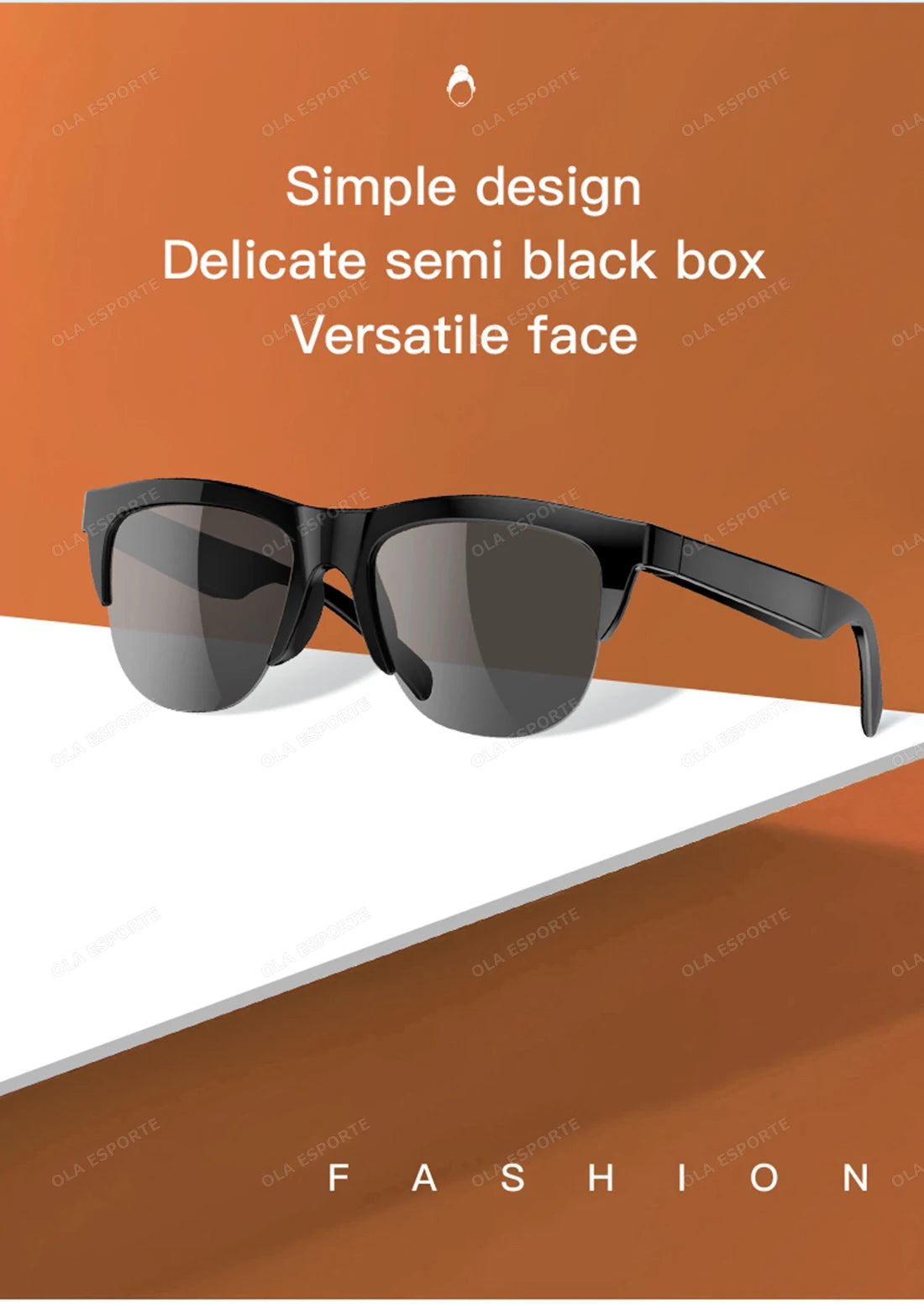Black sunglasses on a white surface with an orange background and text describing the product.