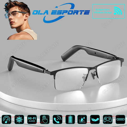 Smart glasses with Ola Esporte branding on a gray background