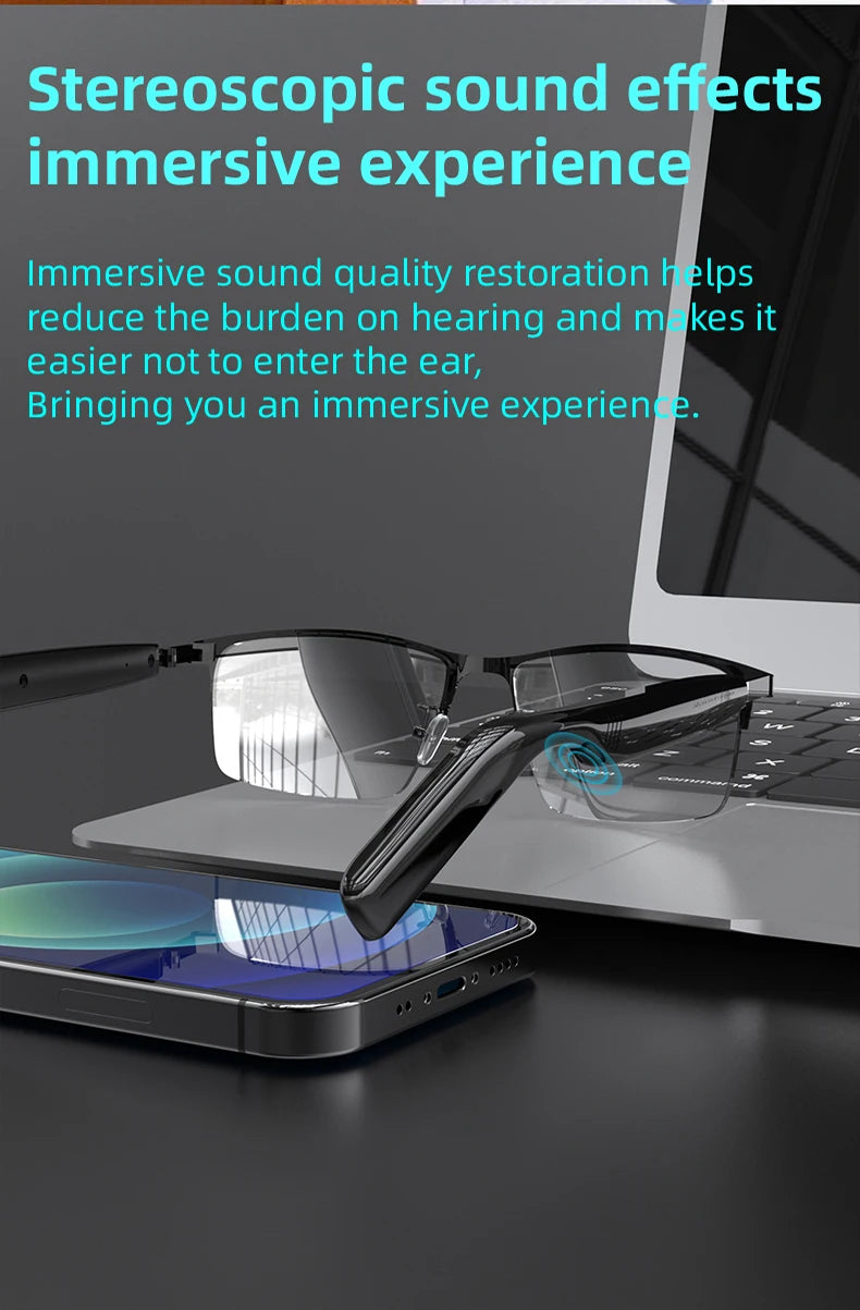 Glasses with a screen over them, placed on a laptop, with text about stereoscopic sound effects.