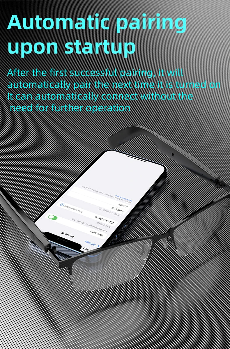 Smartphone with app interface and eyeglasses on a textured surface with text about automatic pairing.