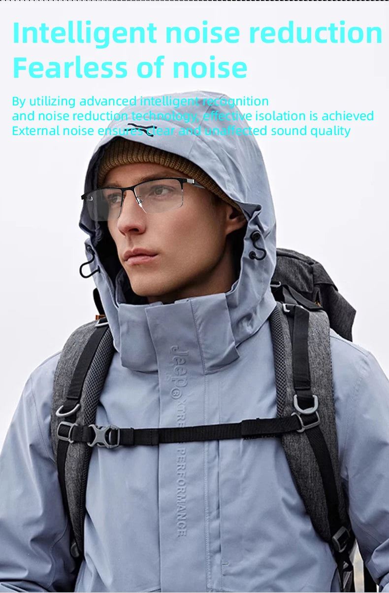 Person wearing a high-tech jacket with noise reduction features, standing against a light blue background.