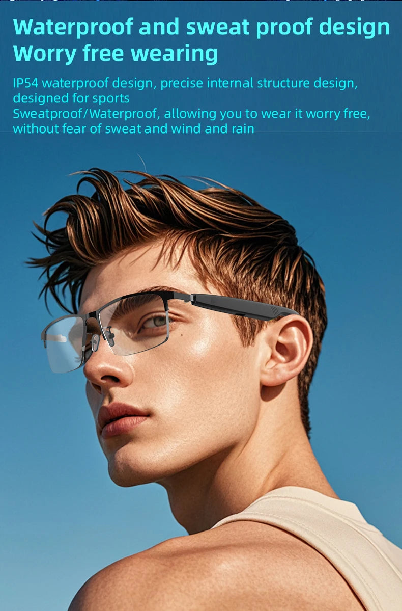 Person wearing glasses with a clear blue sky background