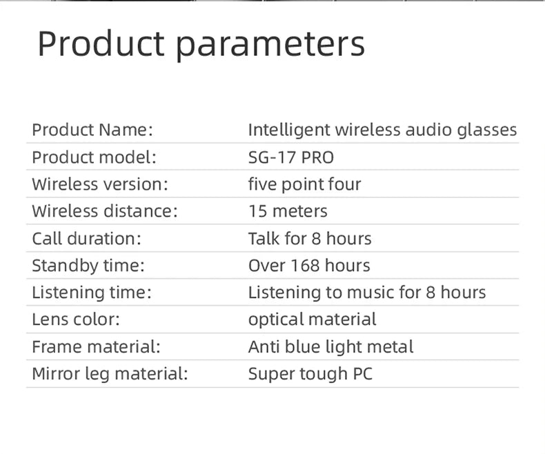 Product parameters of intelligent wireless audio glasses on a white background