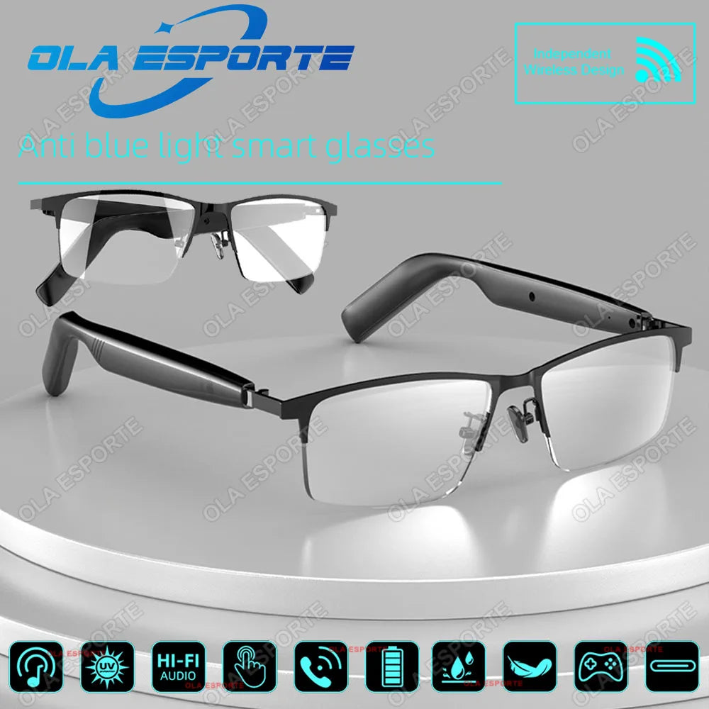 Anti blue light smart glasses with Ola Esporte branding on a gray background