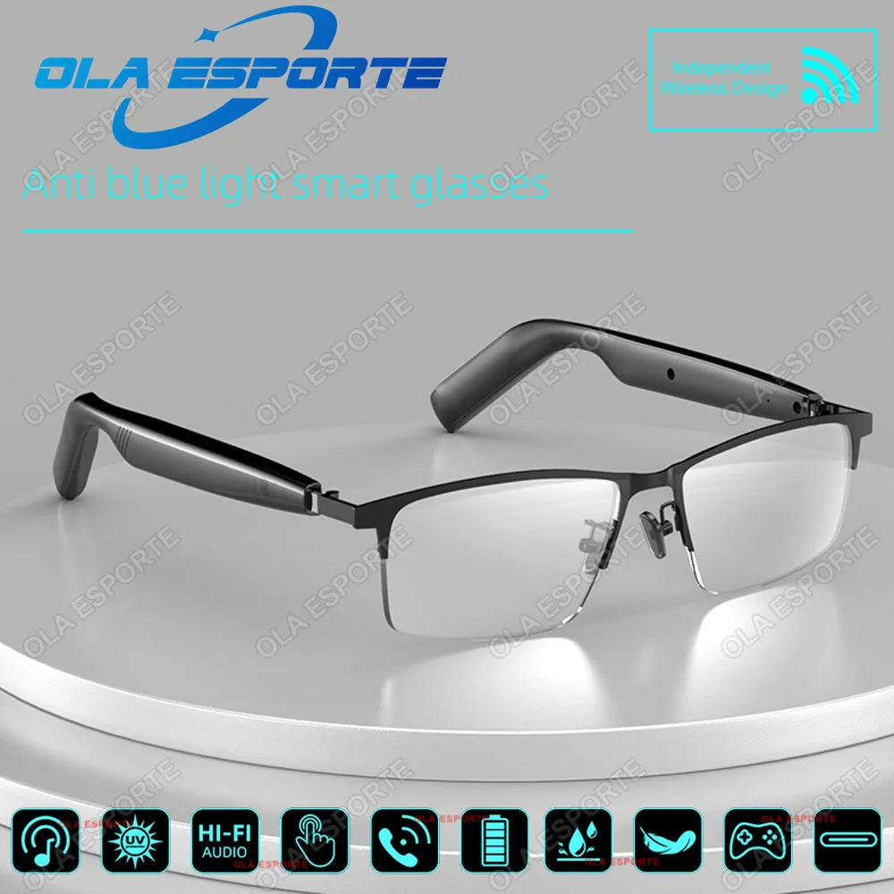 Anti blue light smart glasses with Ola Esporte branding on a gray background