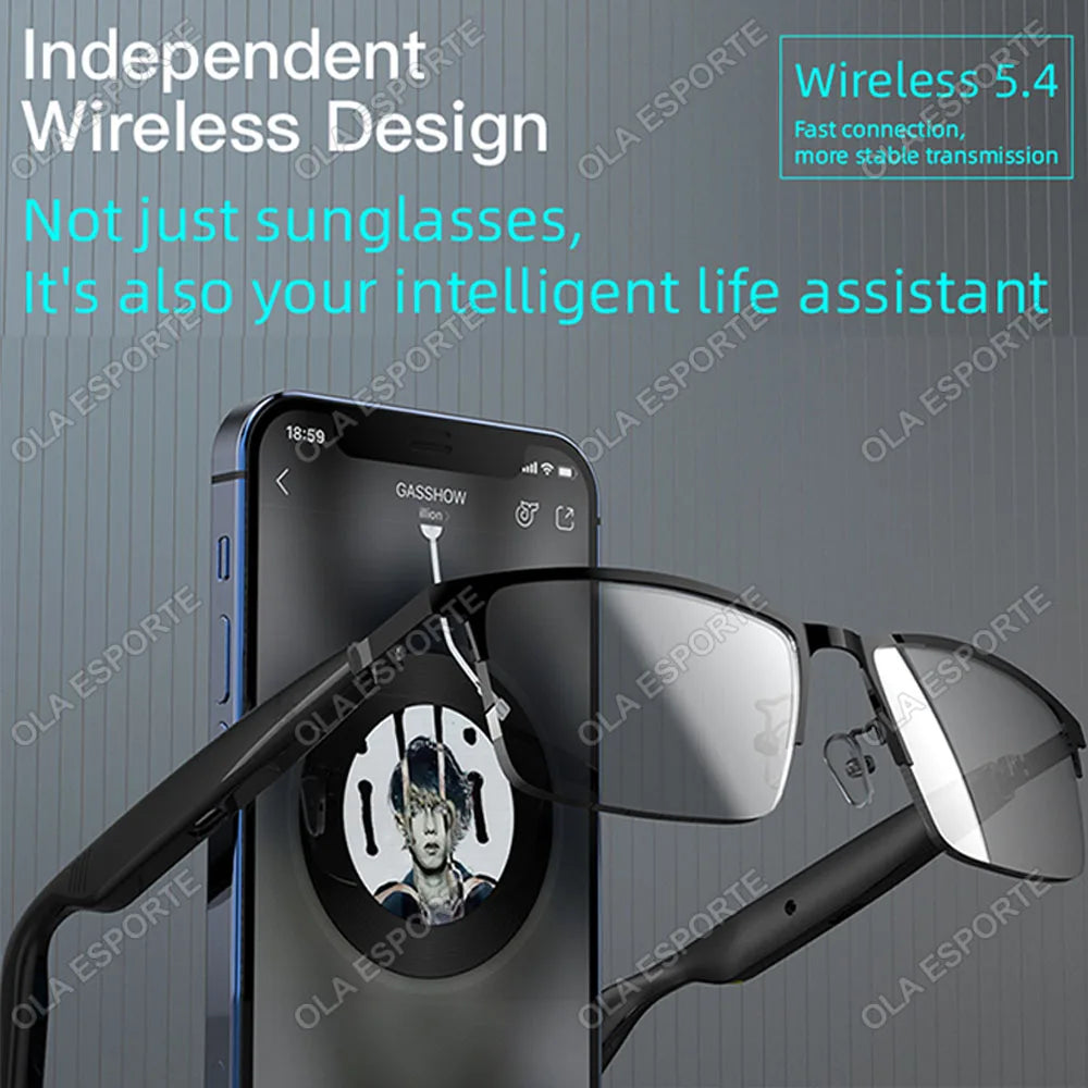 Sunglasses with a phone case and screen displaying text about wireless design and connectivity.