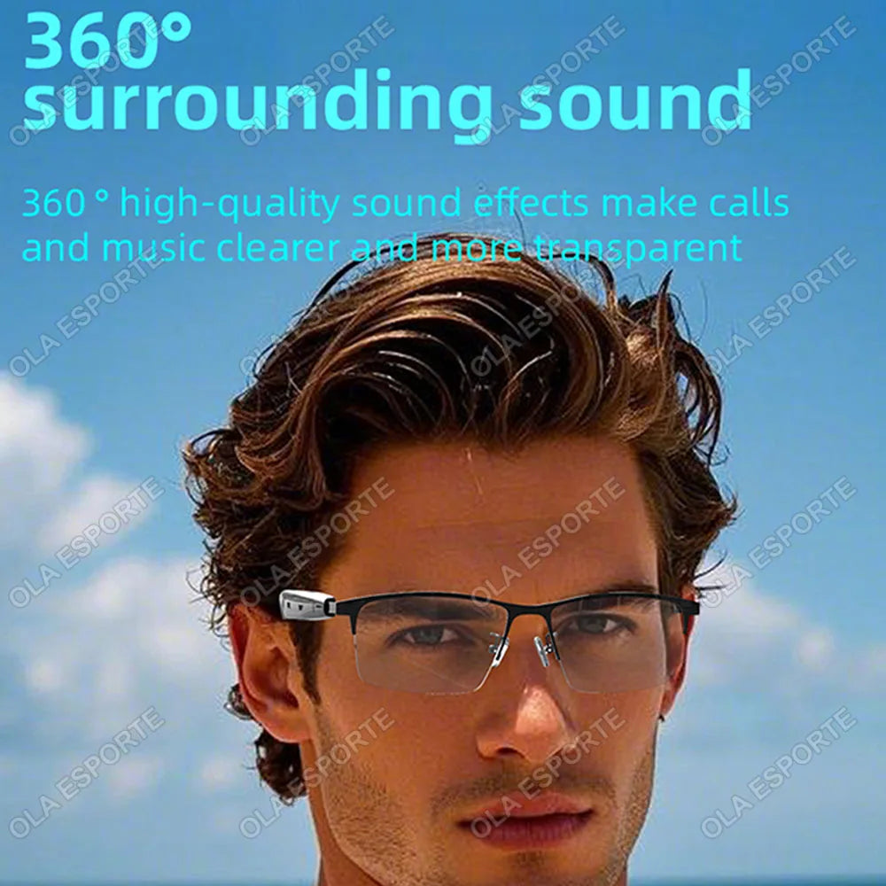 Man wearing glasses with a blue sky background and text about 360-degree surrounding sound.