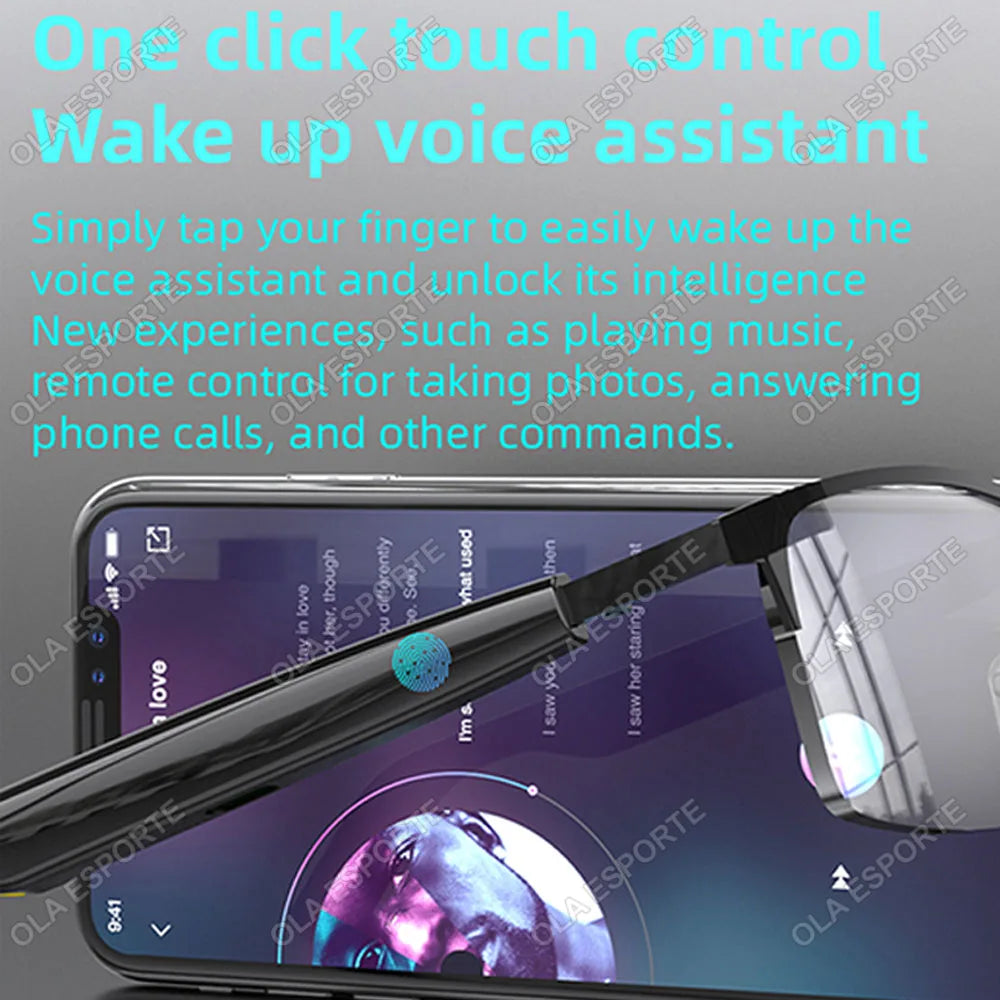 Smartphone with a voice assistant app on screen, featuring text about one-click touch control and wake-up voice assistant.