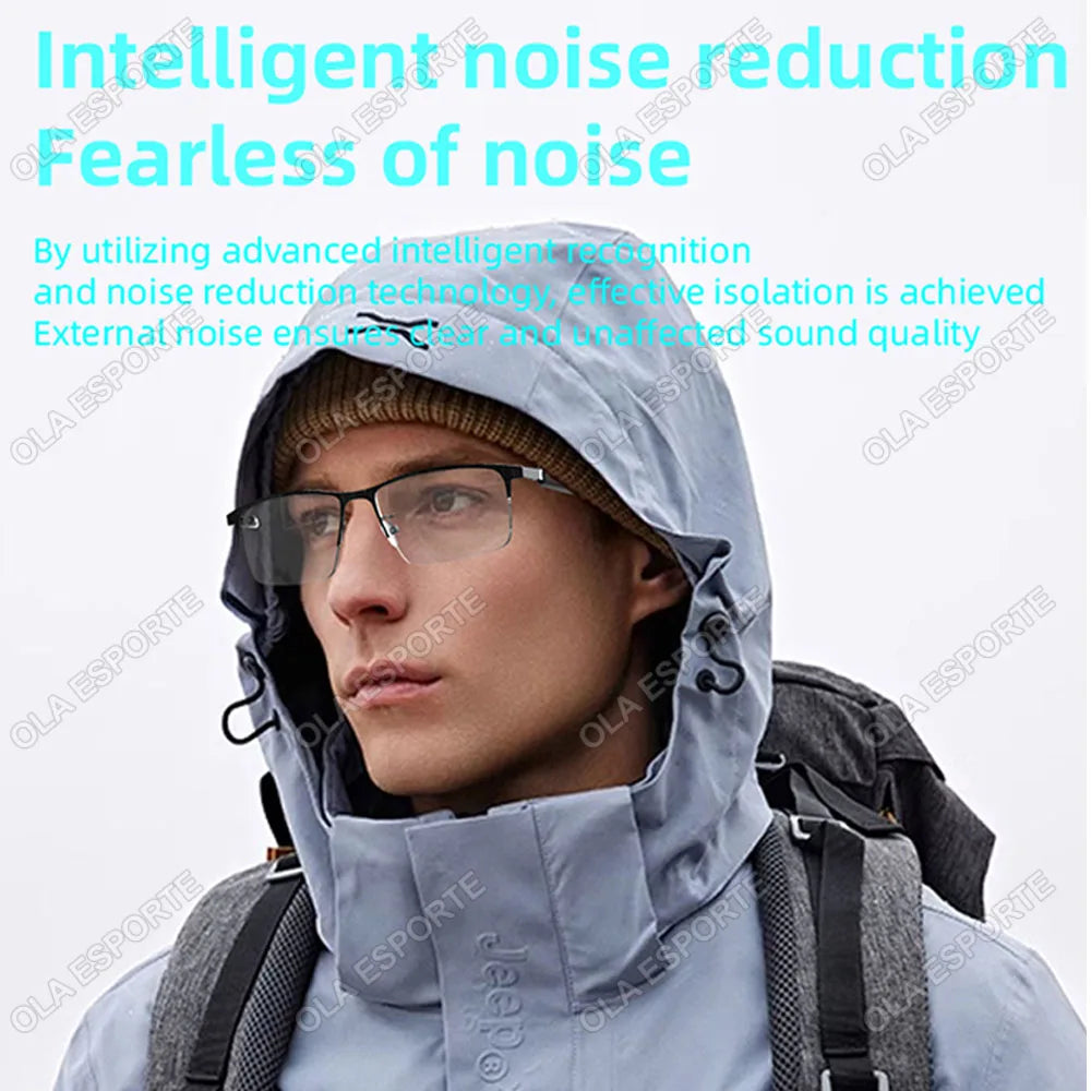Person wearing a hooded jacket with noise reduction technology text overlay