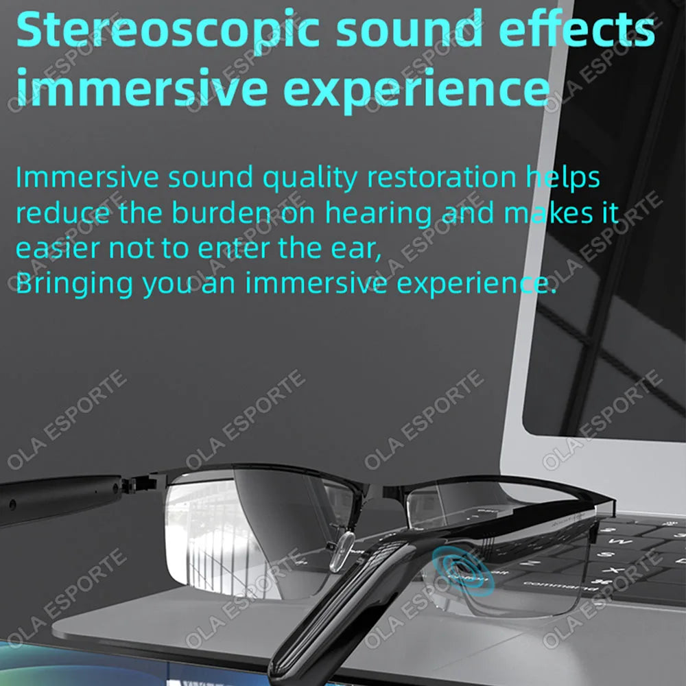 Stereoscopic sound effects with text on a computer setup, featuring Ola Esporte branding.