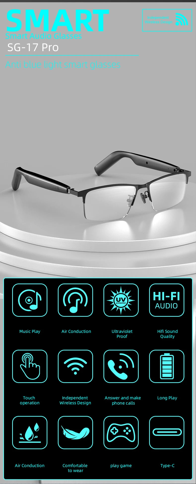 Smart glasses with a control panel displaying various functions on a gray background