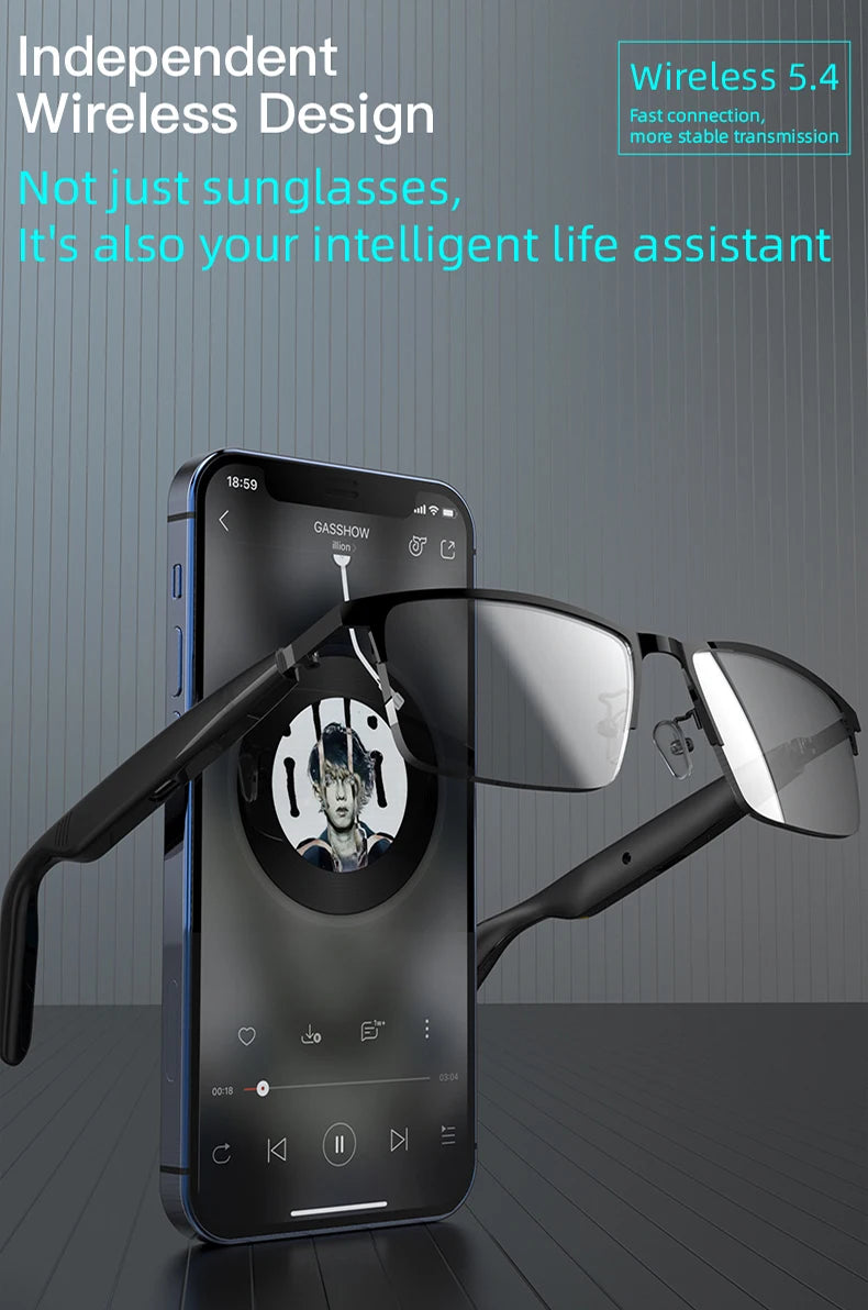 Smart glasses with a phone displaying music controls on a gray background