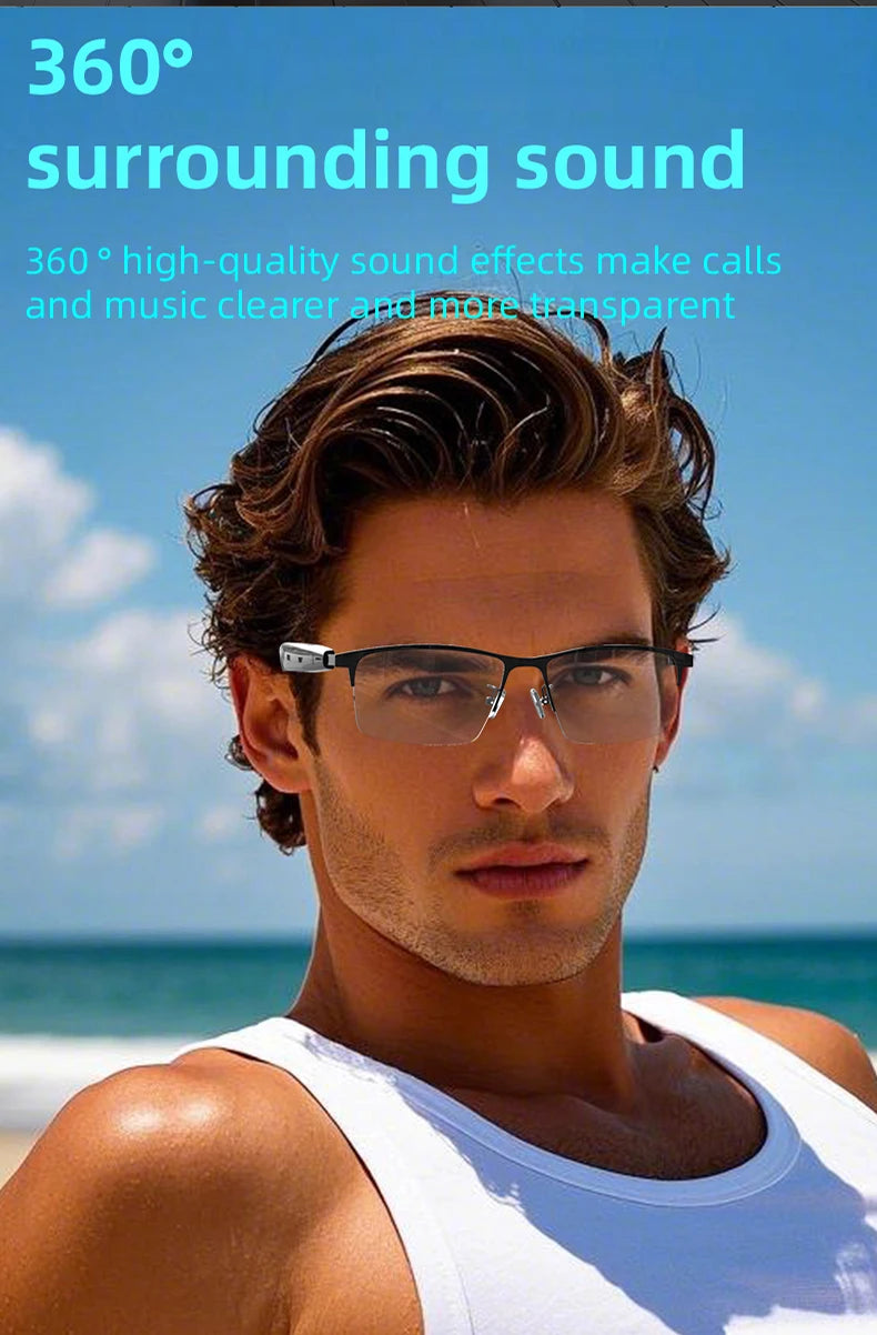 Man wearing glasses with text about 360-degree surrounding sound on a beach background