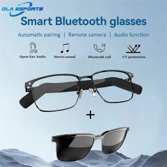 Smart Bluetooth glasses with additional sunglasses on a blue background, featuring Ola Esporte branding.