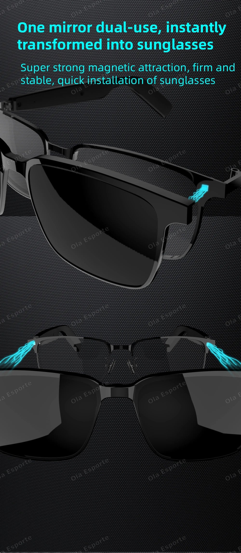 Black sunglasses with magnetic feature on a black background