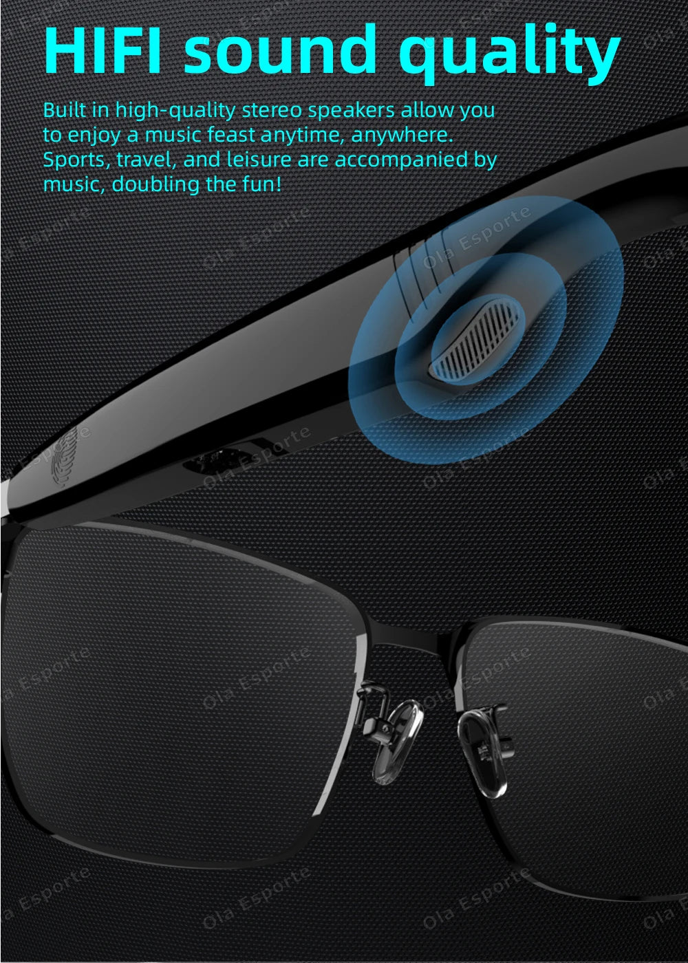 Black eyeglasses with HIFI sound quality feature on a dark background