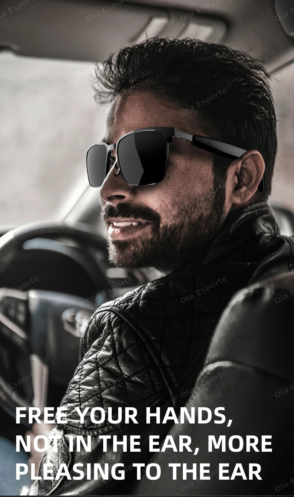 Man wearing sunglasses inside a vehicle with text overlay.