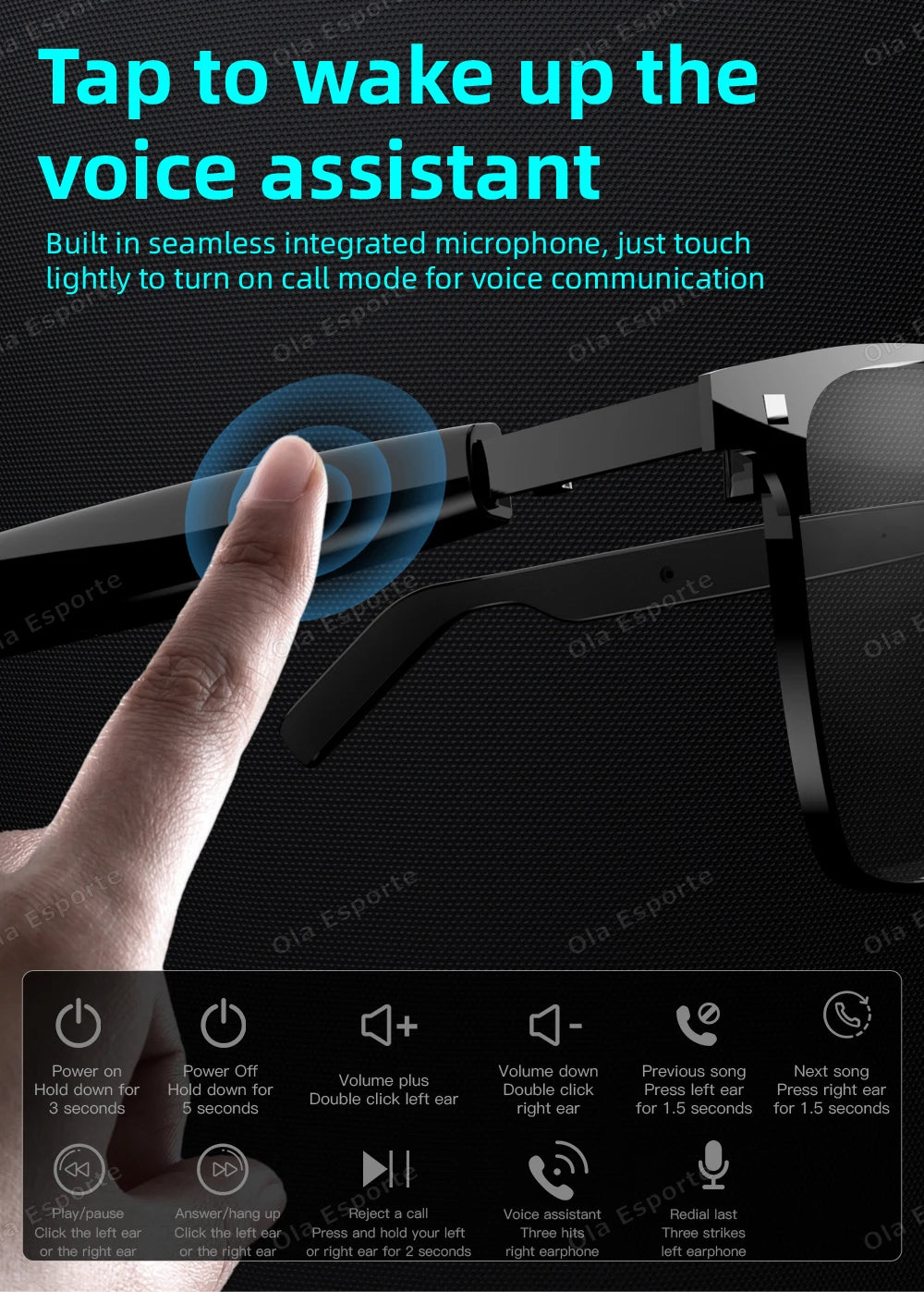 Hand interacting with a futuristic device, likely a smart headset, with text on screen.