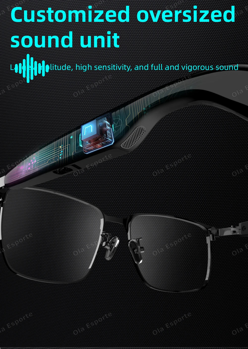 Black oversized sound unit with text on a dark background