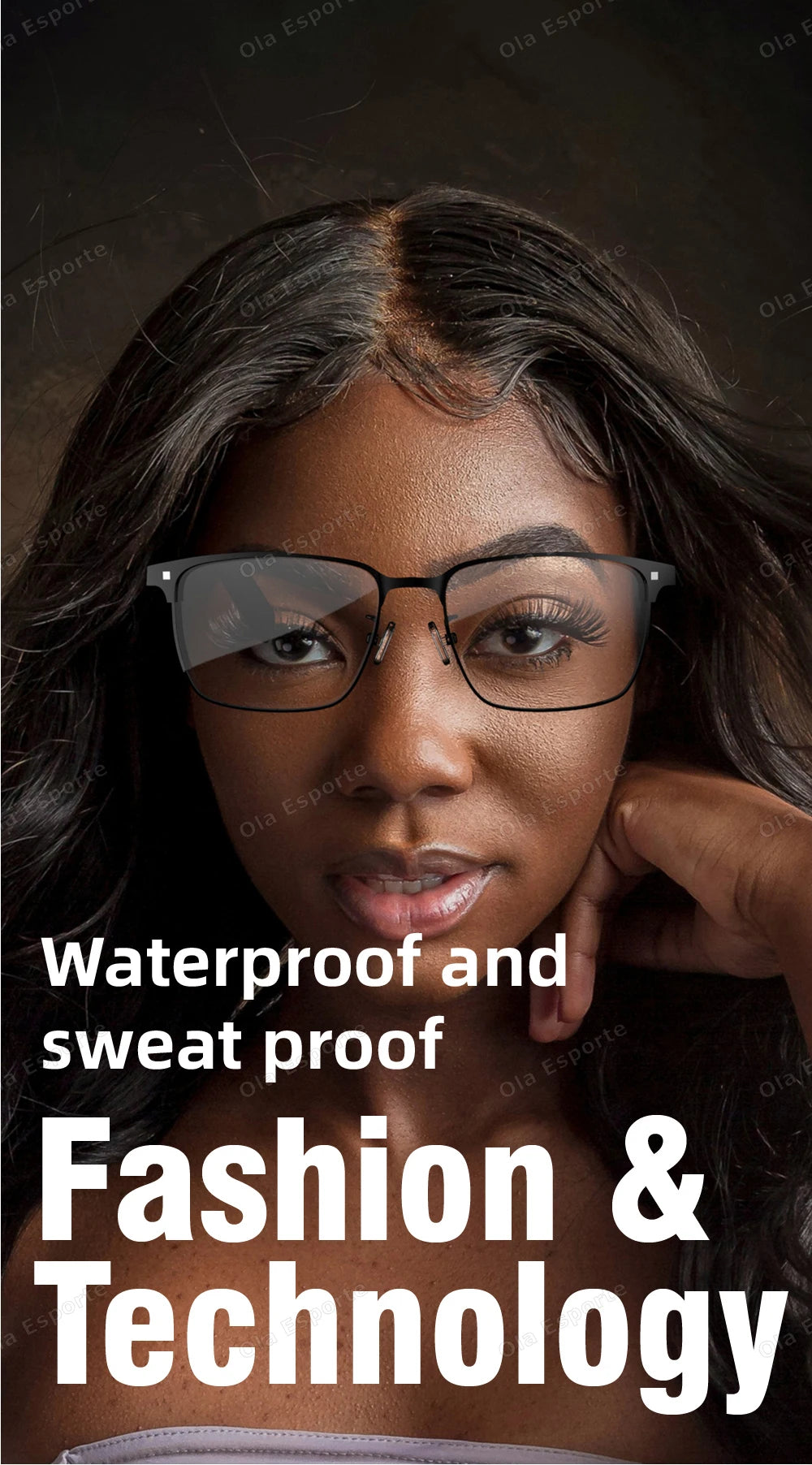 Woman wearing glasses with text 'Waterproof and sweat proof Fashion & Technology' on a dark background