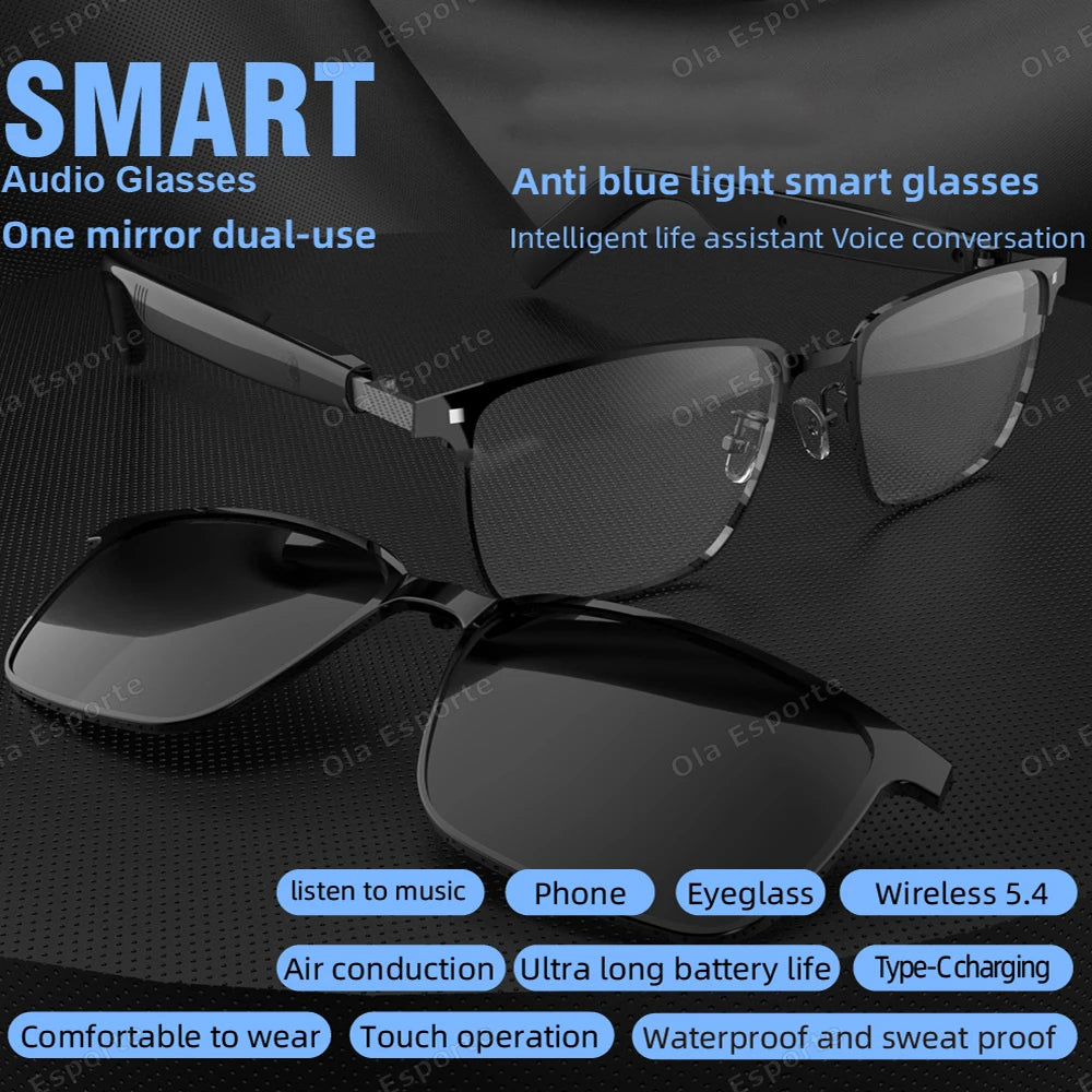 Smart glasses with clip-on sunglasses on a dark background with text highlighting features.