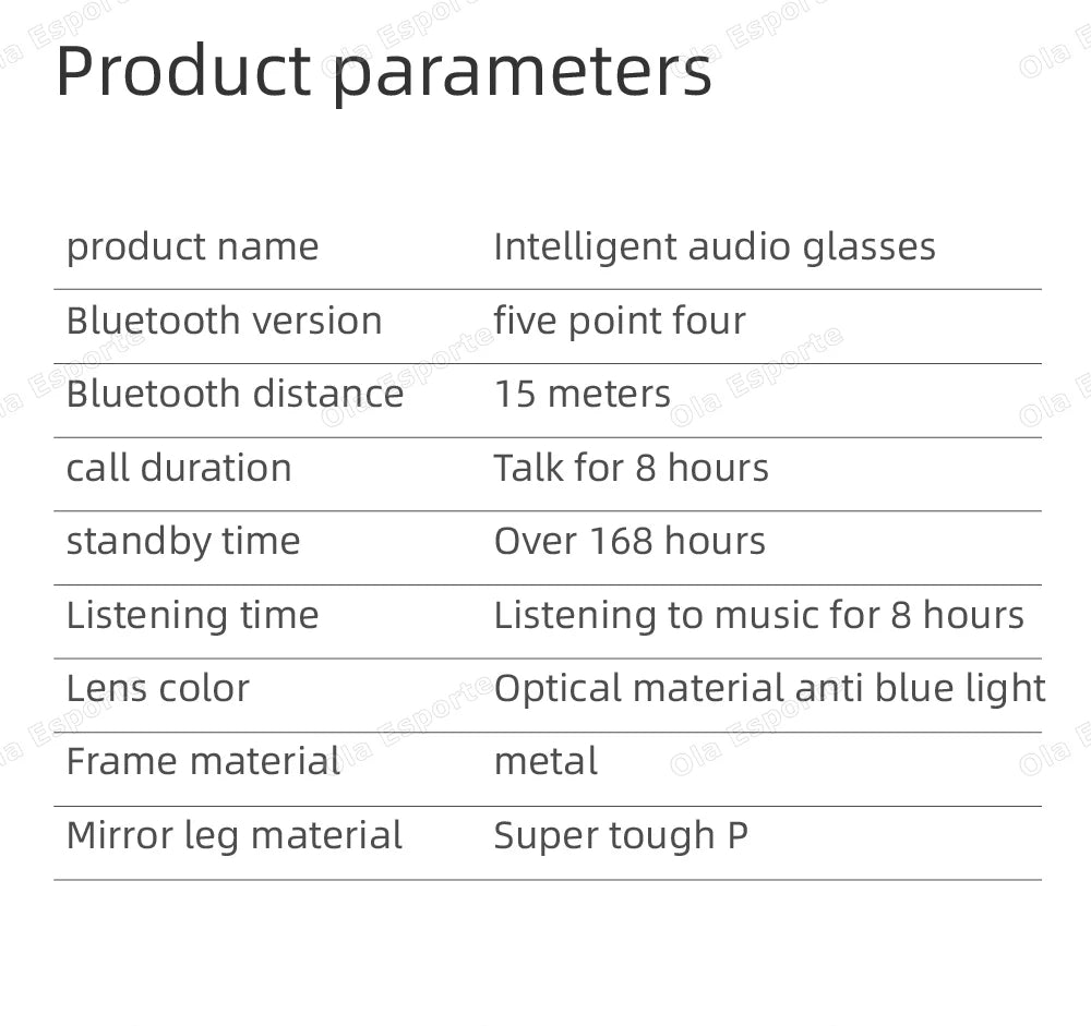 Product parameters table for intelligent audio glasses on a white background