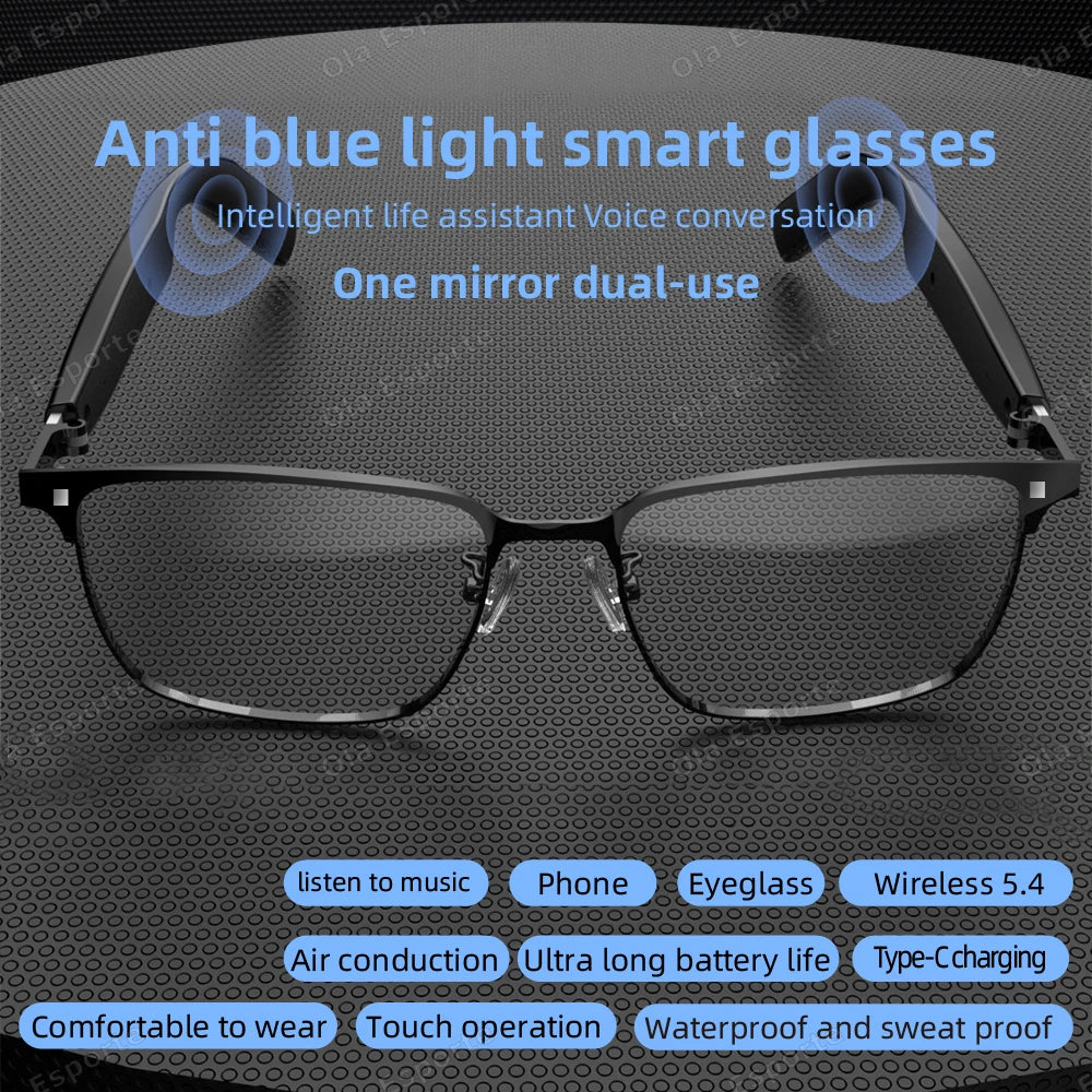 Anti blue light smart glasses with features listed on a textured gray background