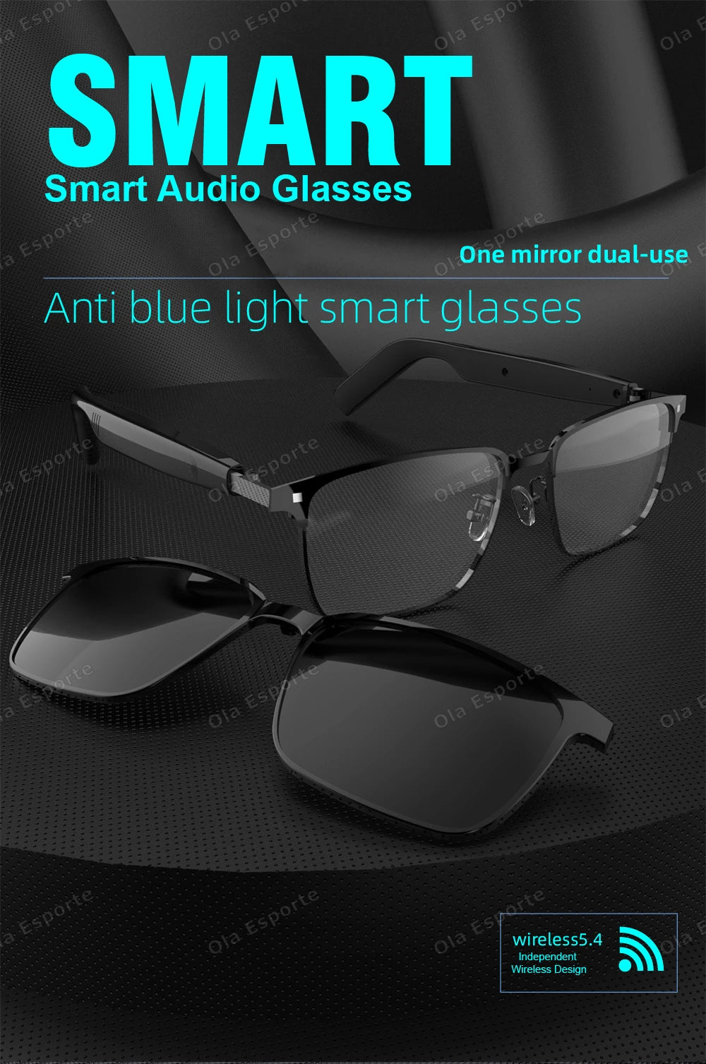 Smart audio glasses with clip-on design on a black background