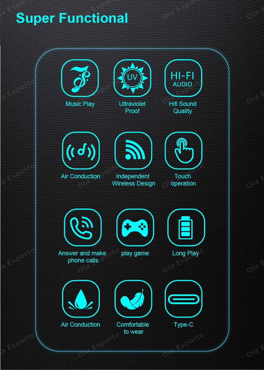 Set of icons representing various features on a dark background