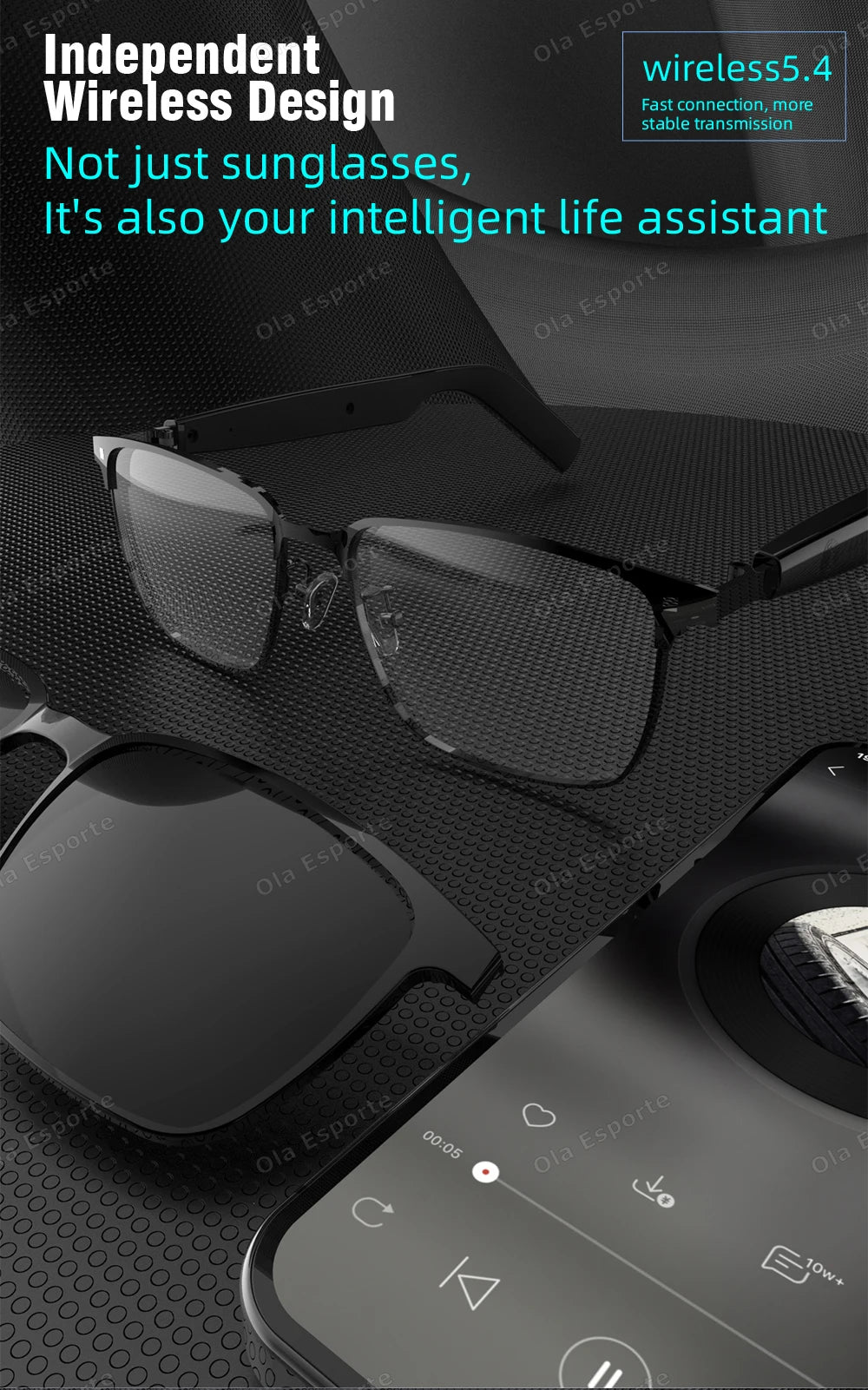 Black sunglasses with wireless design on a dark background