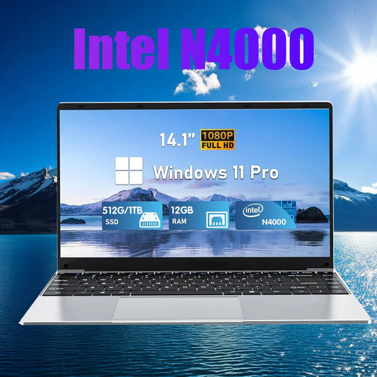 Laptop with Intel N4000 processor on a scenic background