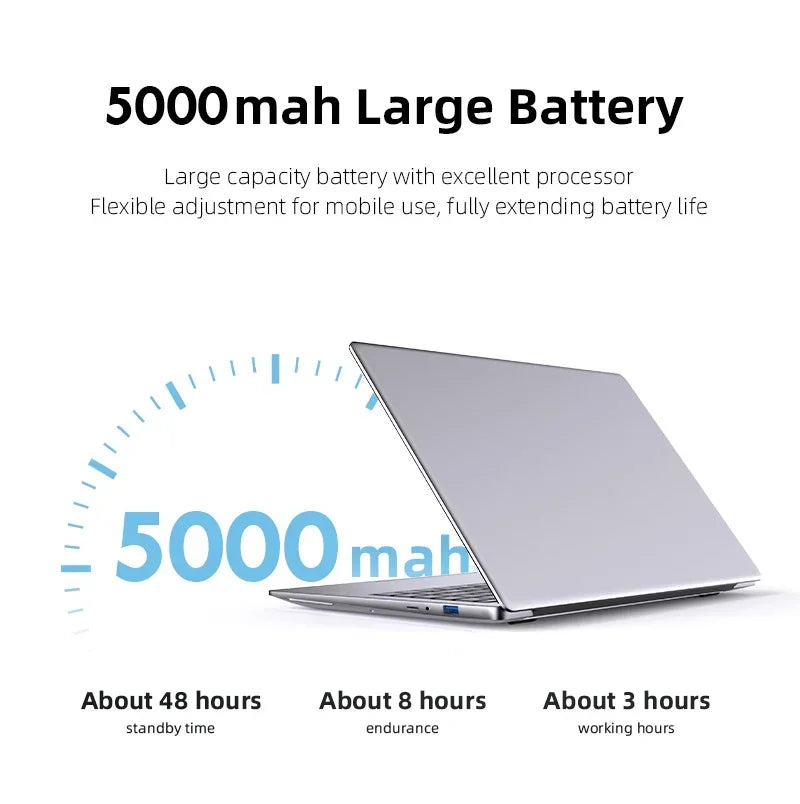 Laptop with 5000mAh battery capacity display and usage time information on a white background.