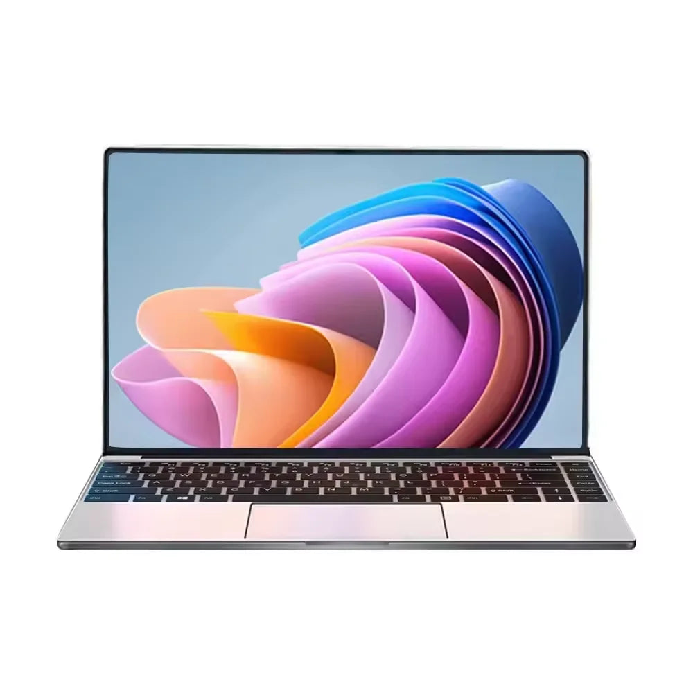 Laptop with colorful abstract design on the screen against a white background