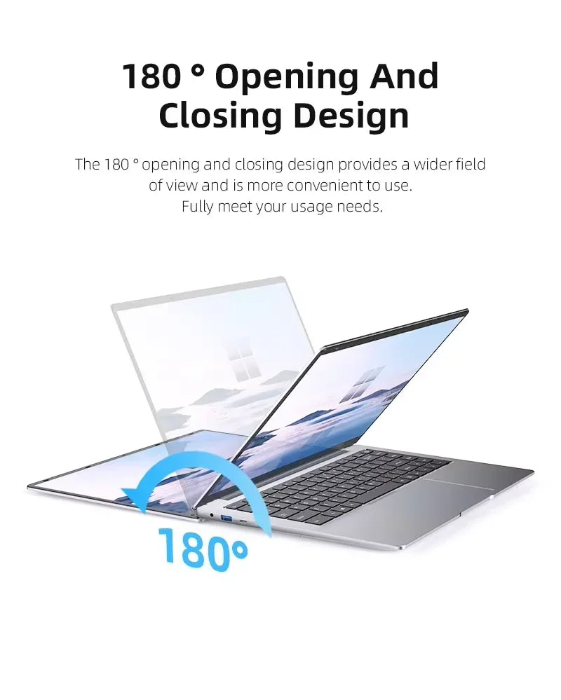 Laptop with 180-degree opening and closing design on a white background