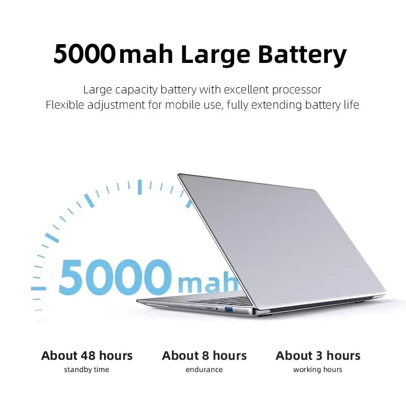 Laptop with 5000mAh battery capacity display and usage time information on a white background.