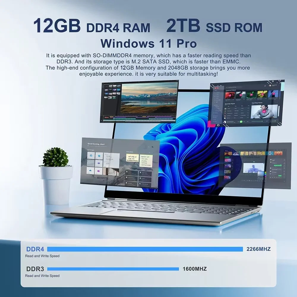 Laptop with specifications including 12GB DDR4 RAM, 2TB SSD ROM, and Windows 11 Pro on a light blue background.